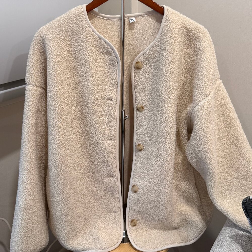 ﻿Pile Lined Fleece Relaxed Cardigan OFF WHITE